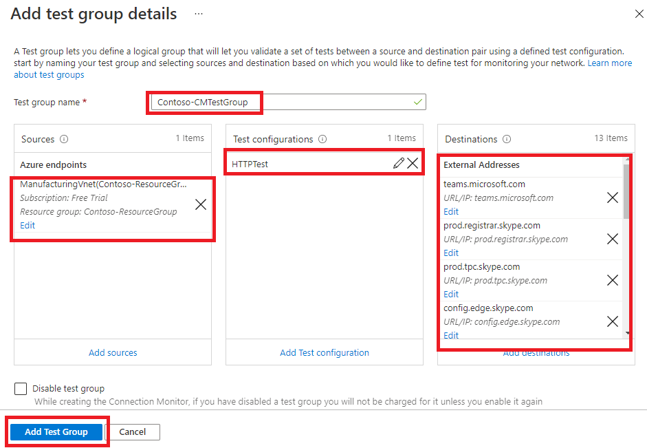 Create Connection Monitor - Test groups tab - Add test group