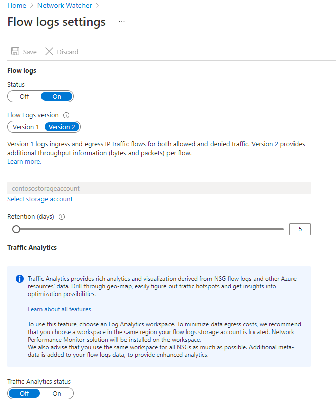 Network Watcher - Flow logs settings page