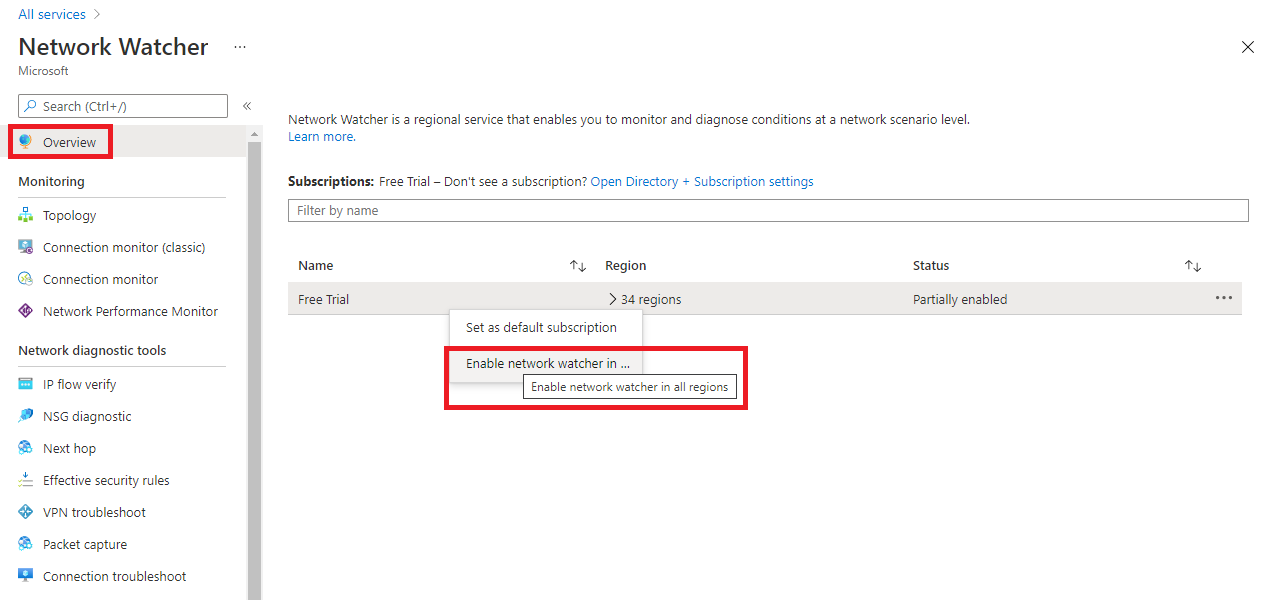 Network Watcher - Overview page - enable network watcher highlighted