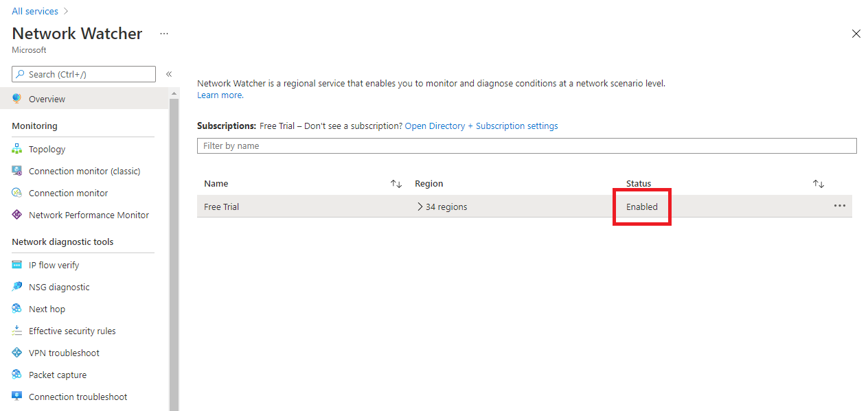 Network Watcher - Overview page - showing network watcher enabled