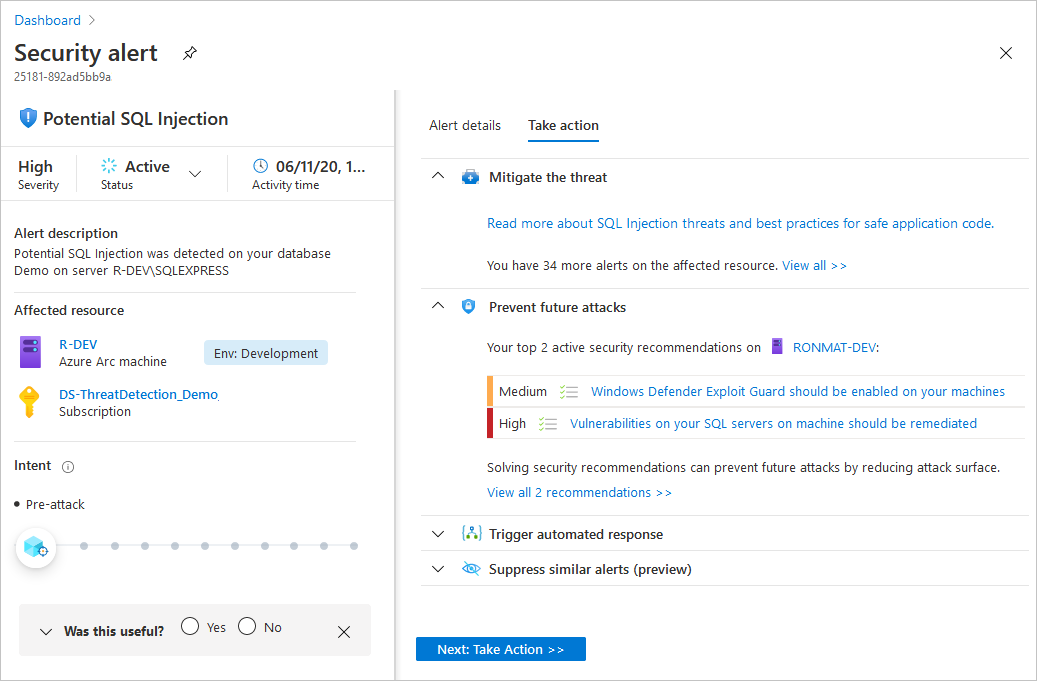 Screenshot showing the full details view of a security alert and take action pane.