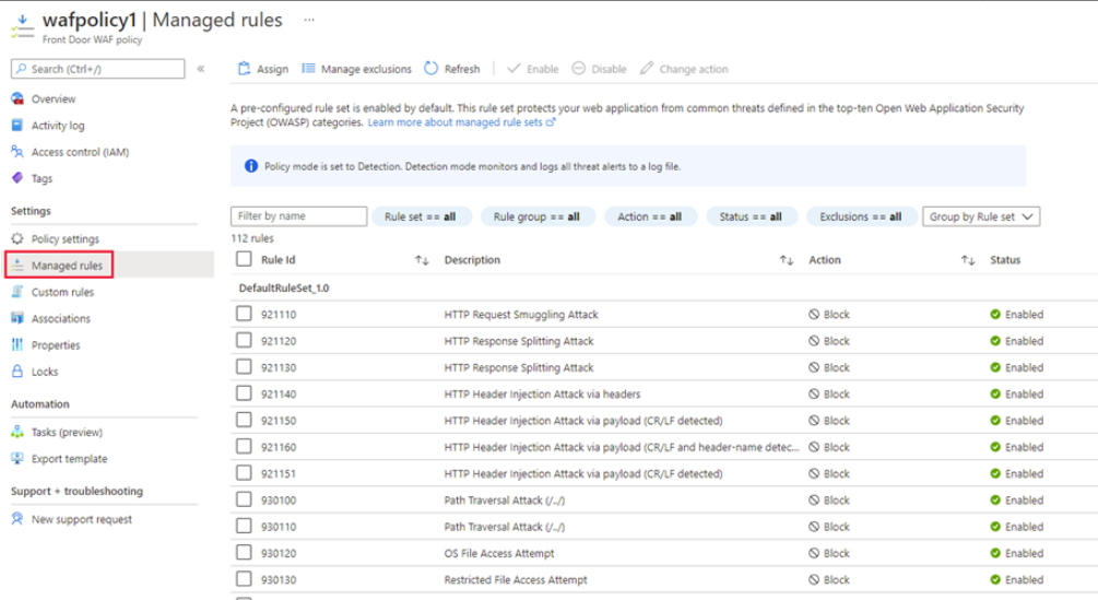 Screenshot that shows WAF policy managed rules.