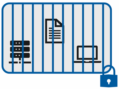 Diagram of a set of assets like a database and an application protected behind a locked gate.