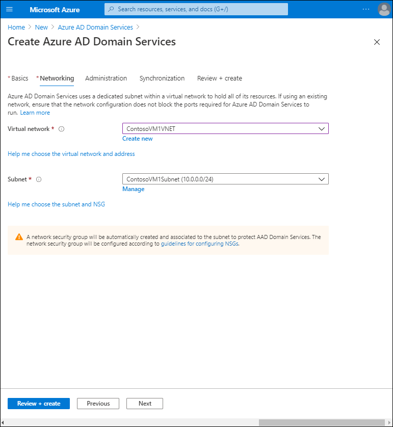 A screenshot of the Networking tab in the Create Microsoft Entra Domain Services Wizard in the Azure portal. The administrator has entered the Virtual network and Subnet details.