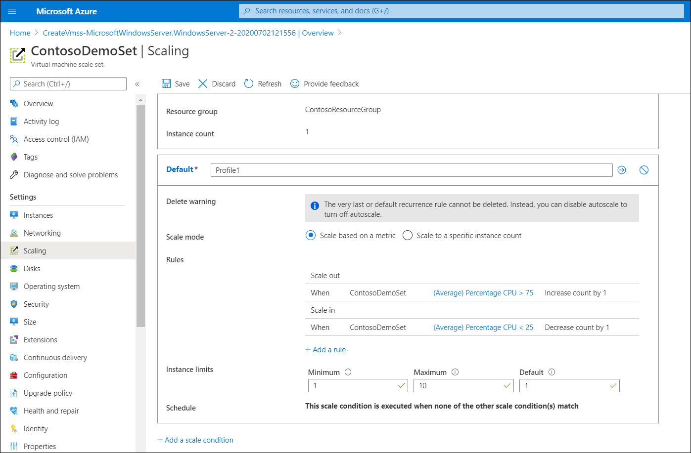 A screenshot of the Scaling tab for the selected virtual machine scale set. The administrator is defining a Scale based on a metric, and rules are displayed that indicate when action scaling should be taken.