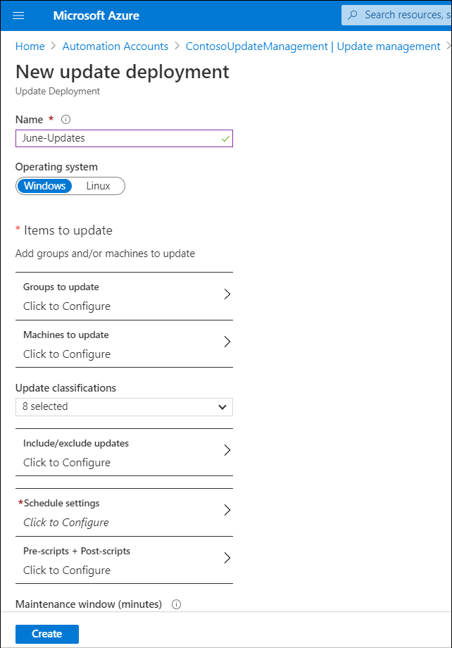 A screenshot of the New update deployment blade in the Azure portal. The administrator is adding a new update called June-Updates.