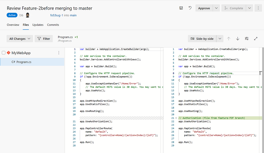 Screenshot of the Git pull request merge conflict resolution extension.