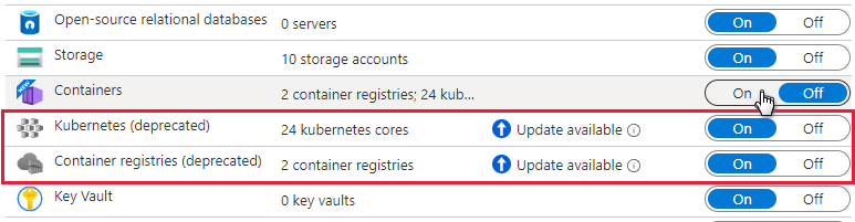 Screenshot showing the subscription already has Defender for Kubernetes and Defender for container registries enabled.