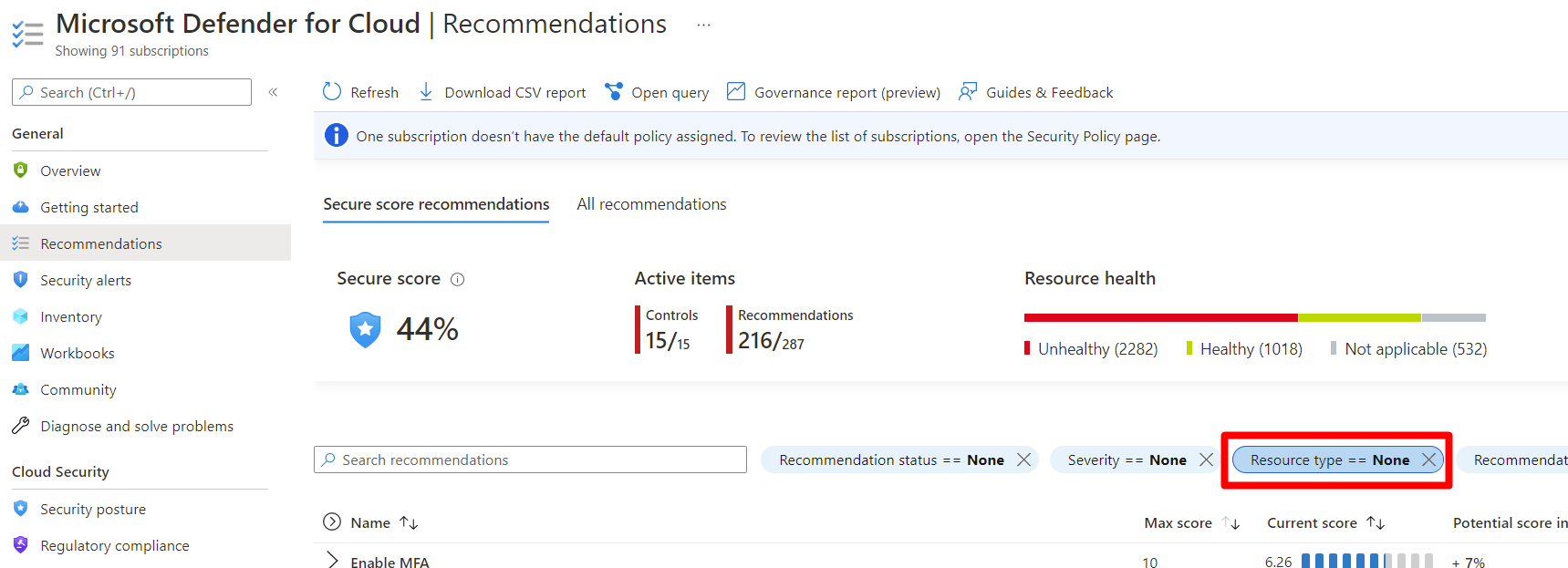 Screenshot showing an example of how to use the resource filter to review the outstanding recommendations.