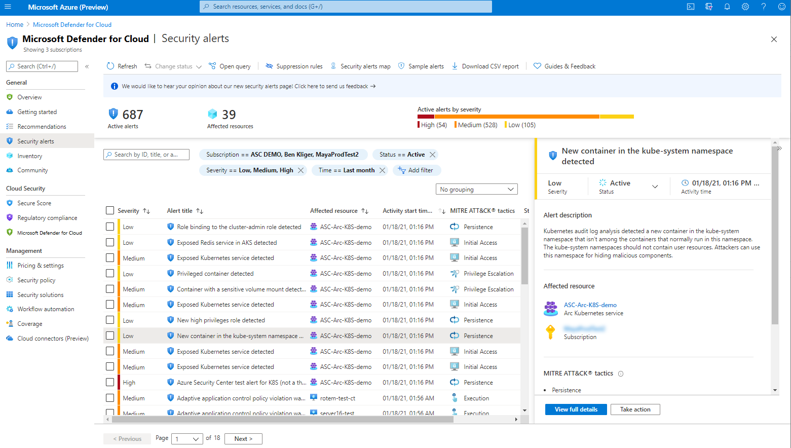 Screenshot showing Microsoft Defender for Cloud's security alerts page.