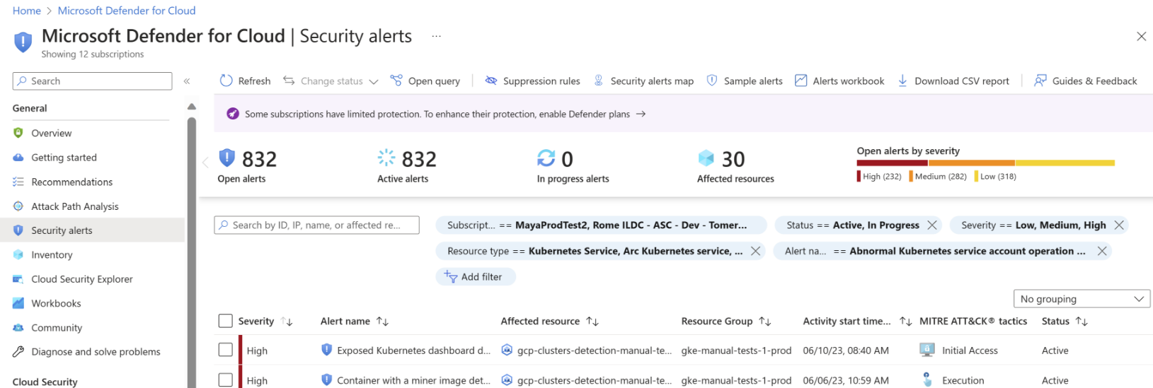 Screenshot showing an example of how to view security alerts for runtime workload in the clusters.