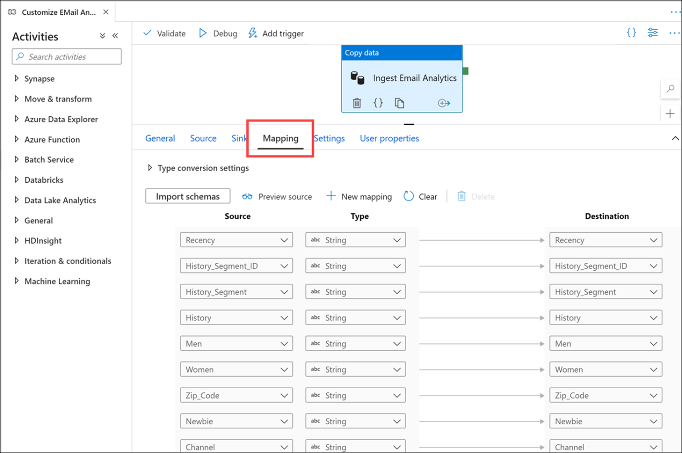 The mapping tab in Azure Synapse Studio