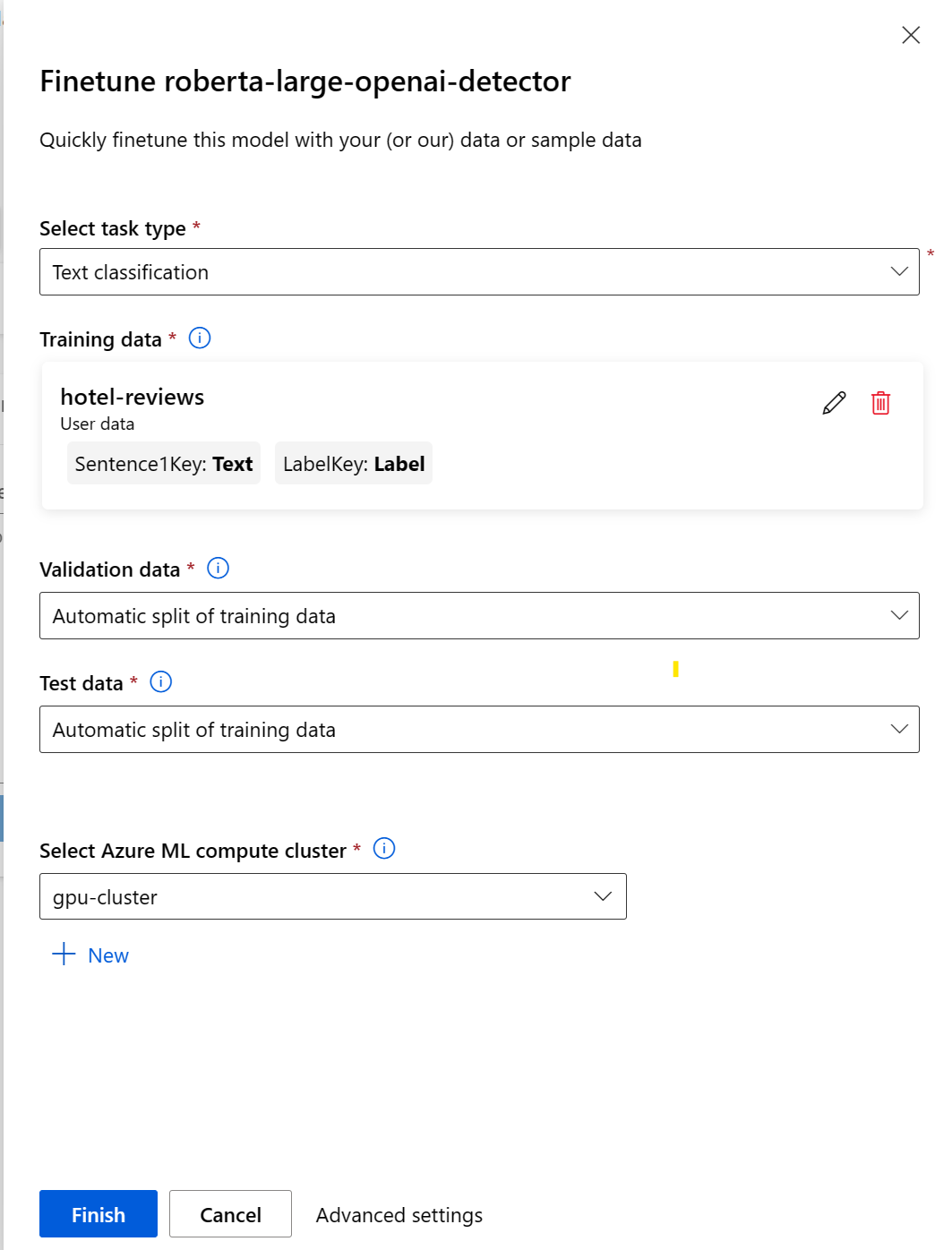 Screenshot of fine-tuning job configuration.