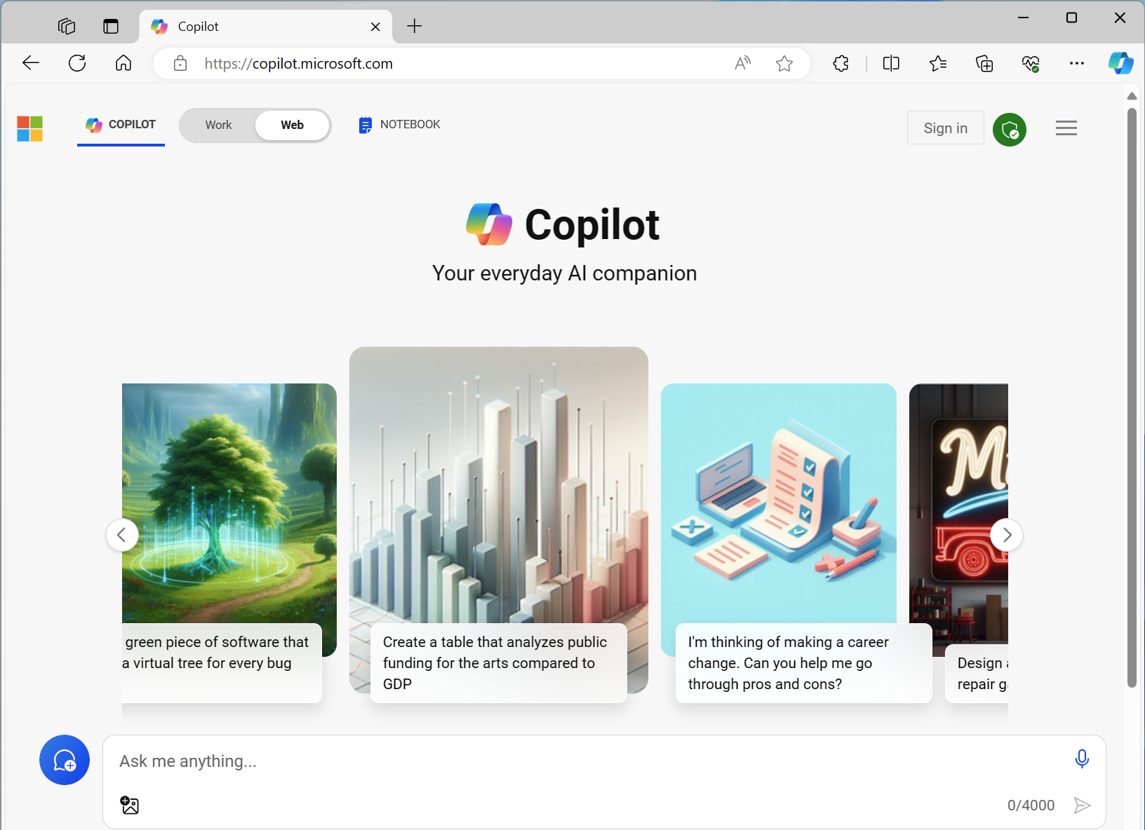 Screenshot of the Microsoft Copilot app on the web.