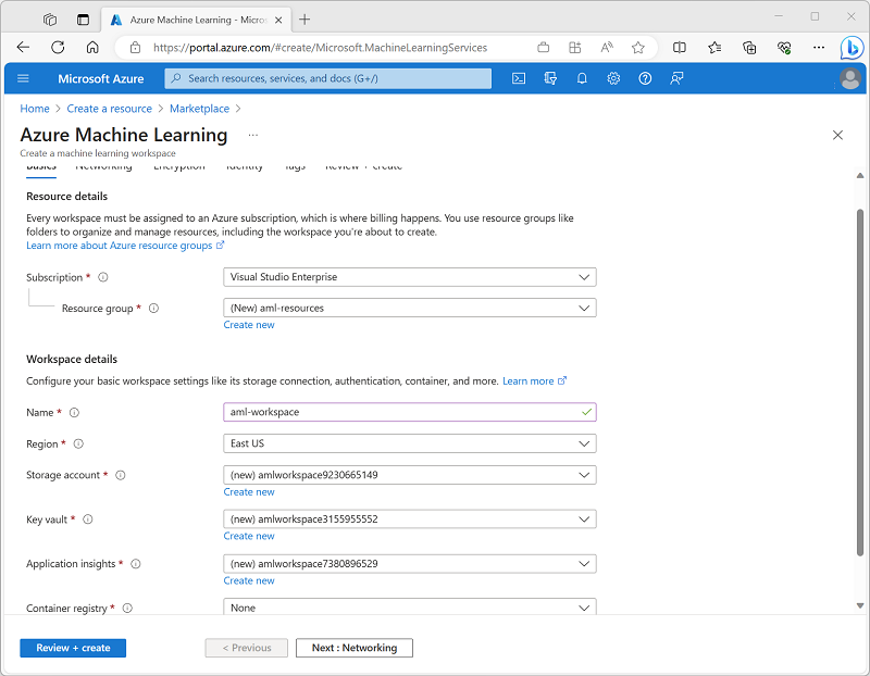 Screenshot of the Create Azure Machine Learning workspace page in the Azure portal.