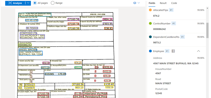 Screenshot of a tax document in Azure Document Intelligence Studio.