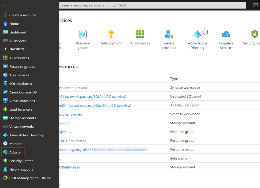 Accessing the Advisor in the Azure portal.