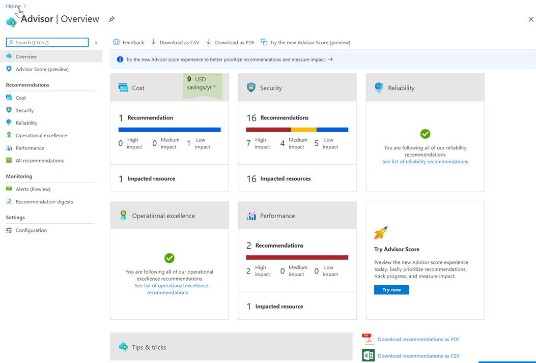 The Advisor dashboard in the Azure portal.