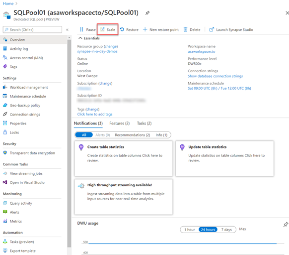 Scale compute in the Azure portal.