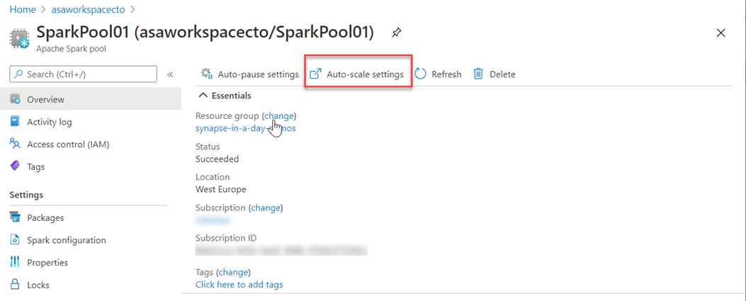 Spark autoscale in the Azure portal.