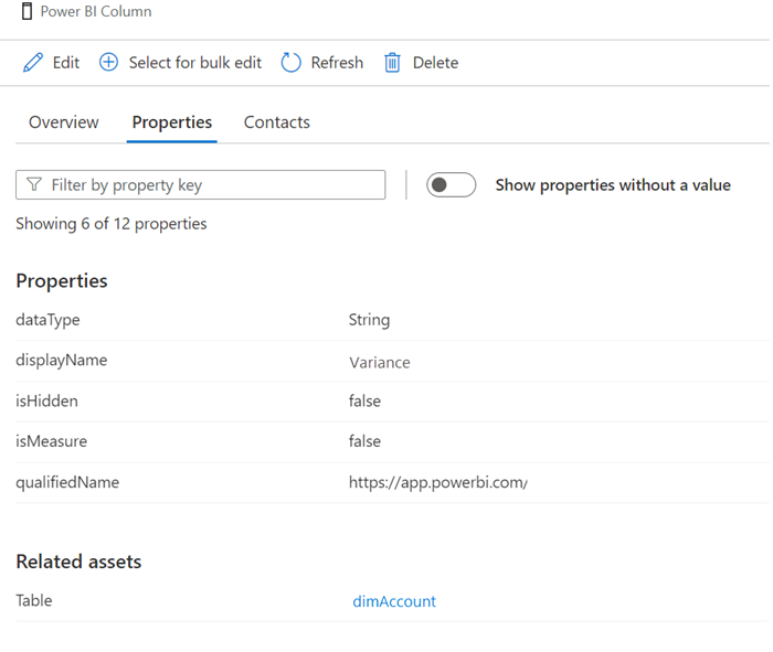 Screenshot showing Power B I enhanced metadata details. Details displayed include overview, properties, and contacts.