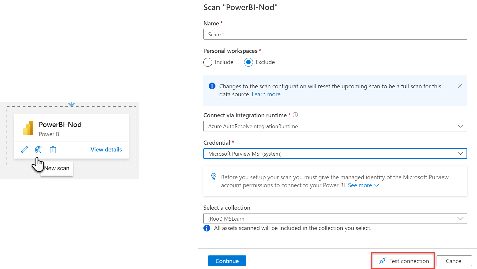 Screenshot of Microsoft Purview Data Map interface with pointer over blue circular scan button.