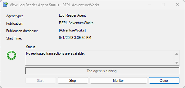 Screenshot showing the log reader status in a transactional replication.