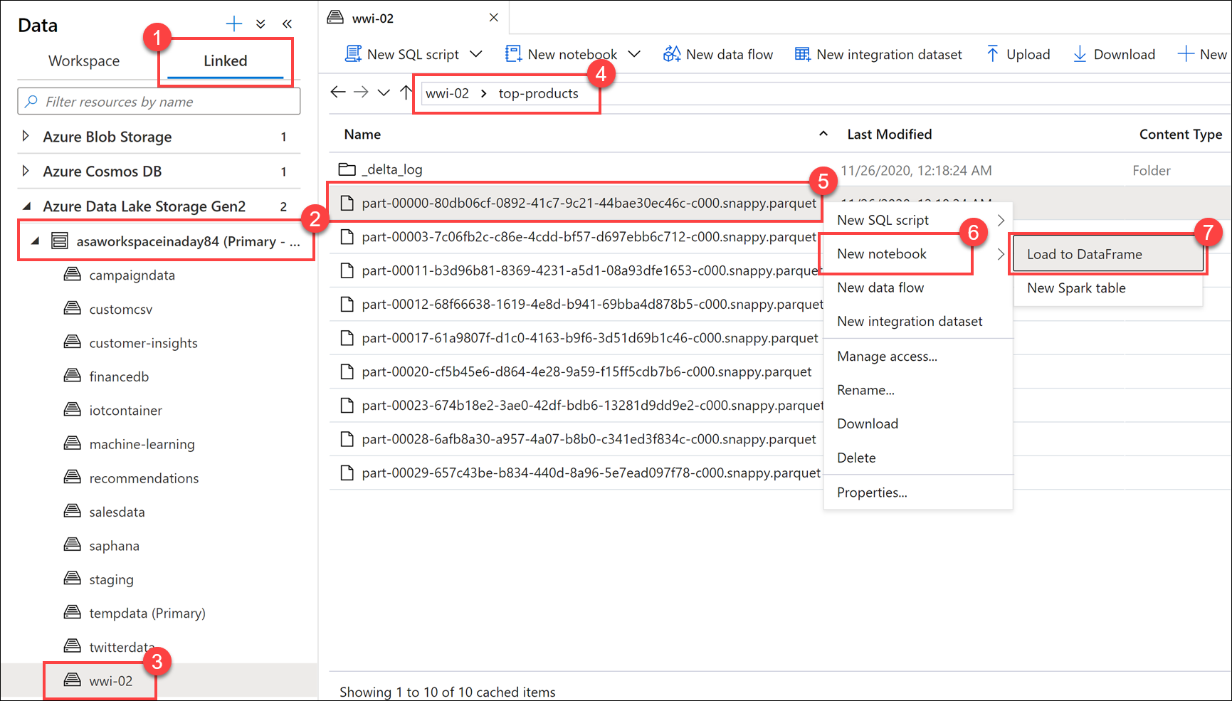 The Parquet file and new notebook option are highlighted.