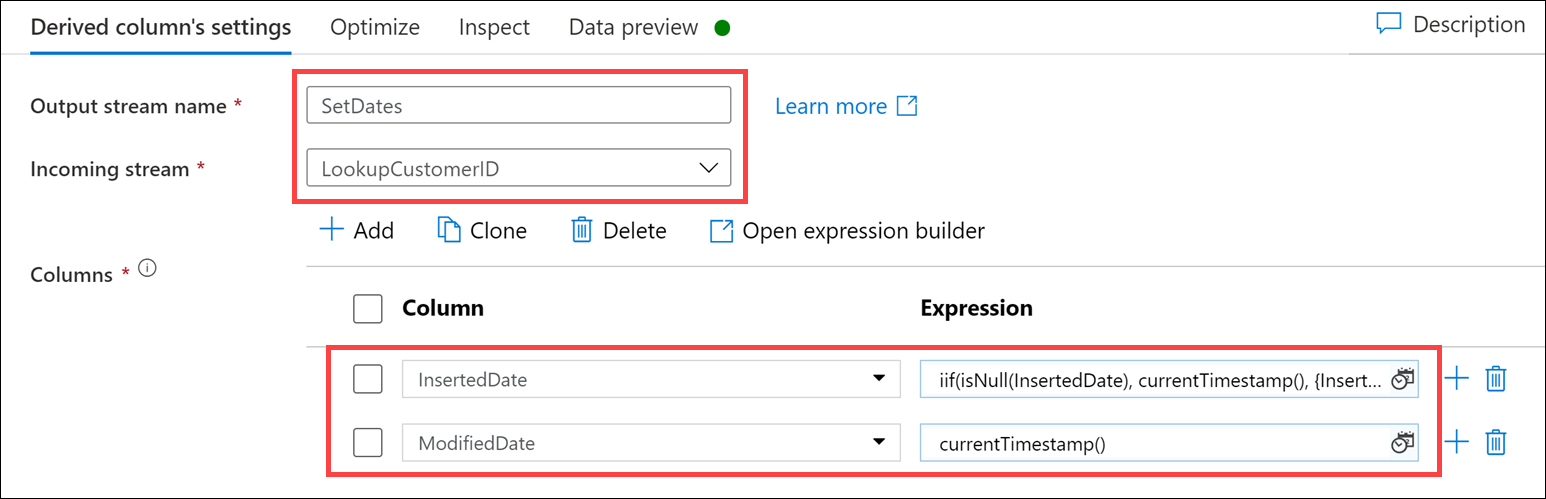 Another Derived column's settings form is configured as described.