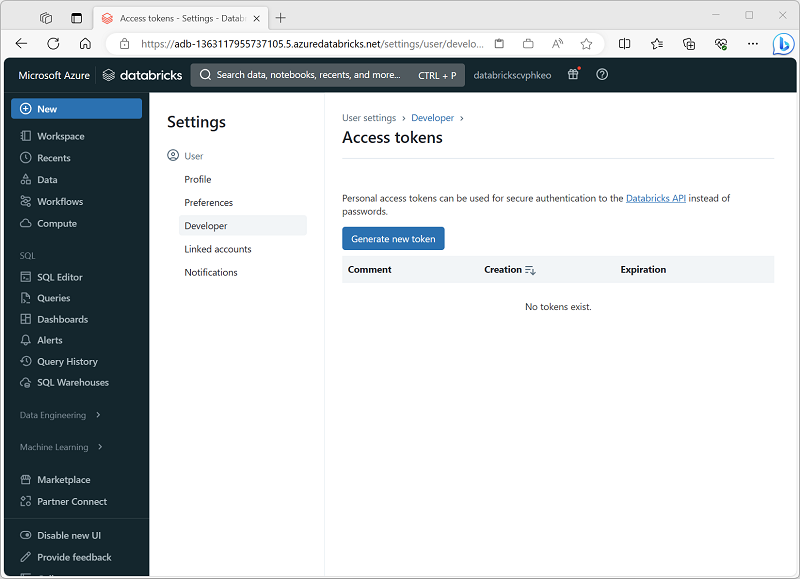 A screenshot of the Access tokens tab in the User Settings page in the Azure Databricks portal.