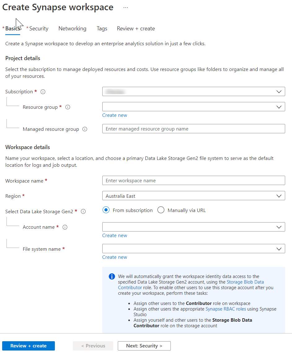 Configure the basic settings of the Azure Synapse Analytics Workspace