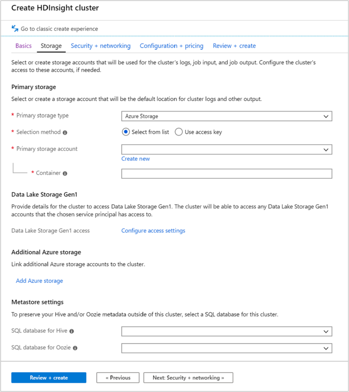 A screenshot of the storage tab in the Create HDInsight Cluster screen in the Azure portal