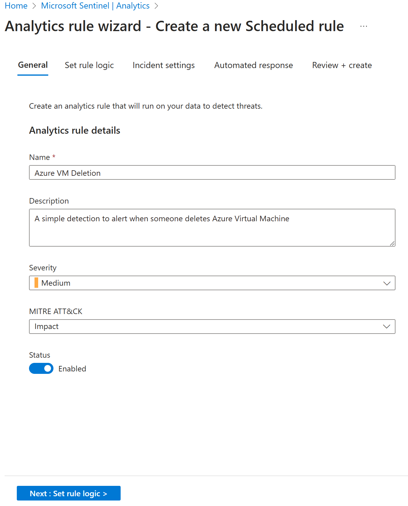 Screenshot Analytics Rule wizard-Create new rule.