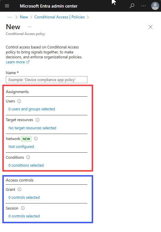 Screen capture showing the two components of a conditional access policy, the assignments and the access controls.