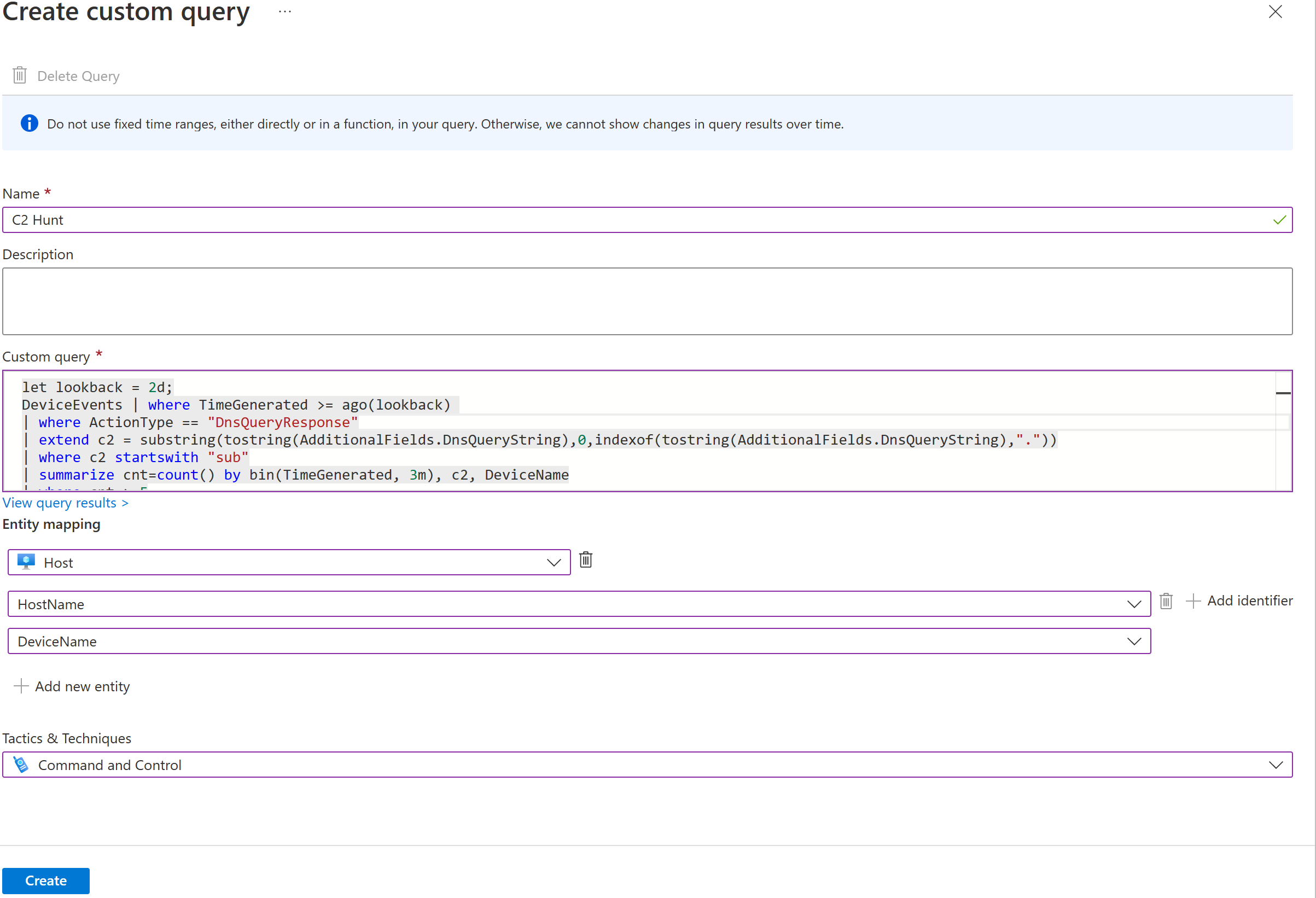 Screenshot that shows the page for creating a custom query in Microsoft Sentinel.