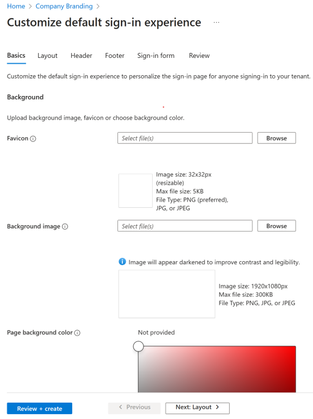 Screenshot of the Microsoft Entra ID Company Branding page. You can pick a default language, a corporate logo, and over values.