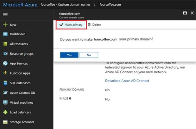 Screenshot of the configure domain dialog. You can make a domain name the primary.