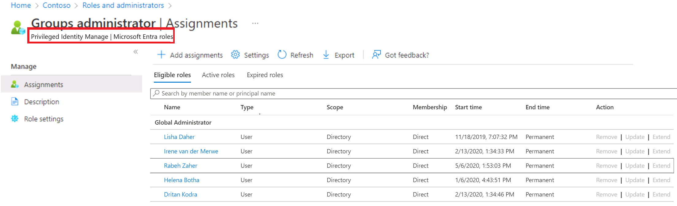 Screenshot of Privileged Identity Manager for users assigned Global Admin and have a Premium P2 license.