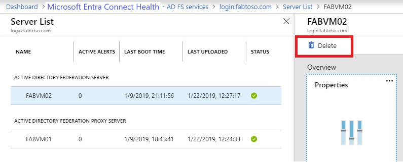 Screenshot of Microsoft Entra Connect Health delete server. Only keep servers that are active.