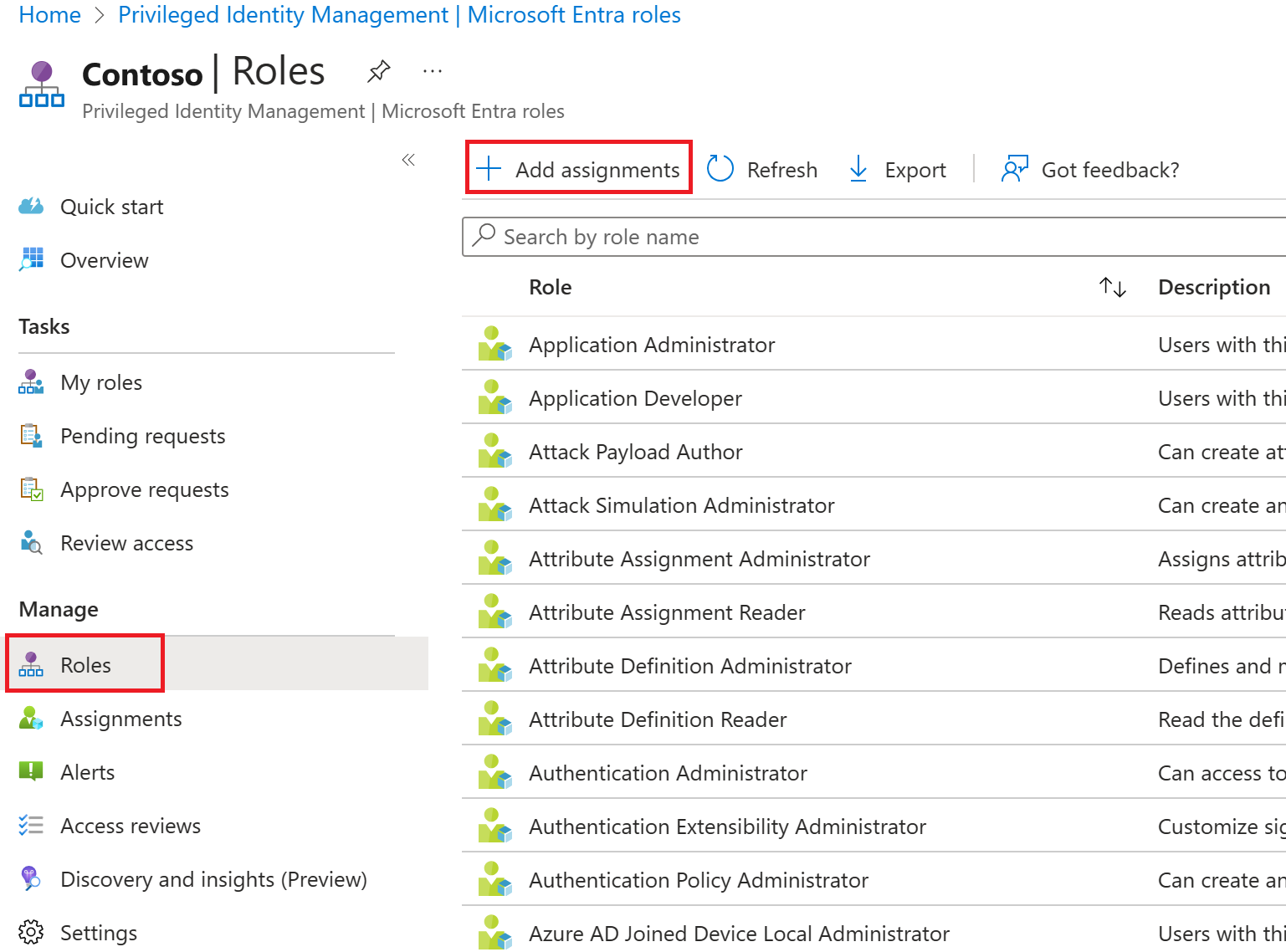 Screenshot of the Microsoft Entra roles with Add assignments menu highlighted.