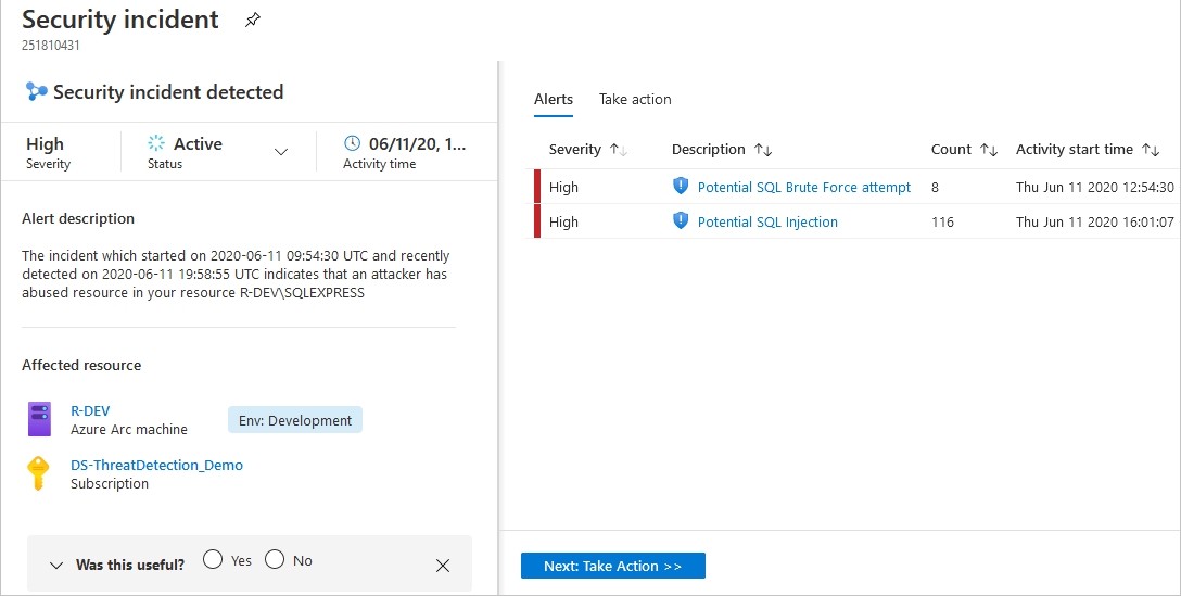 Screenshot of Defender for Cloud Security Alert Incident details.