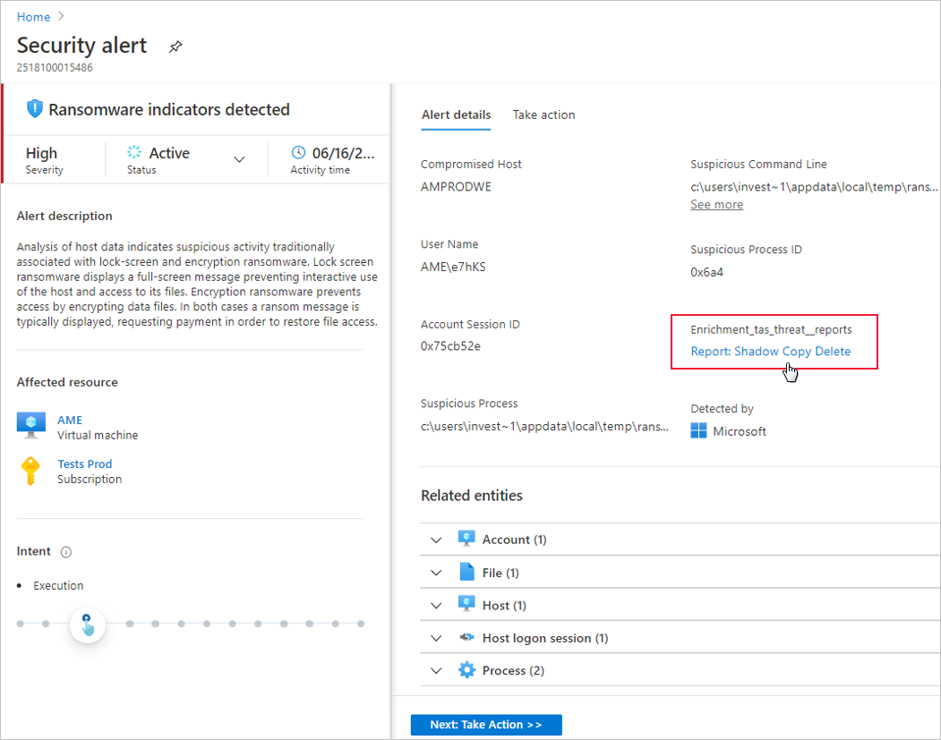 Screenshot of Defender for Cloud ransomware indicators detected link to threat intel report.