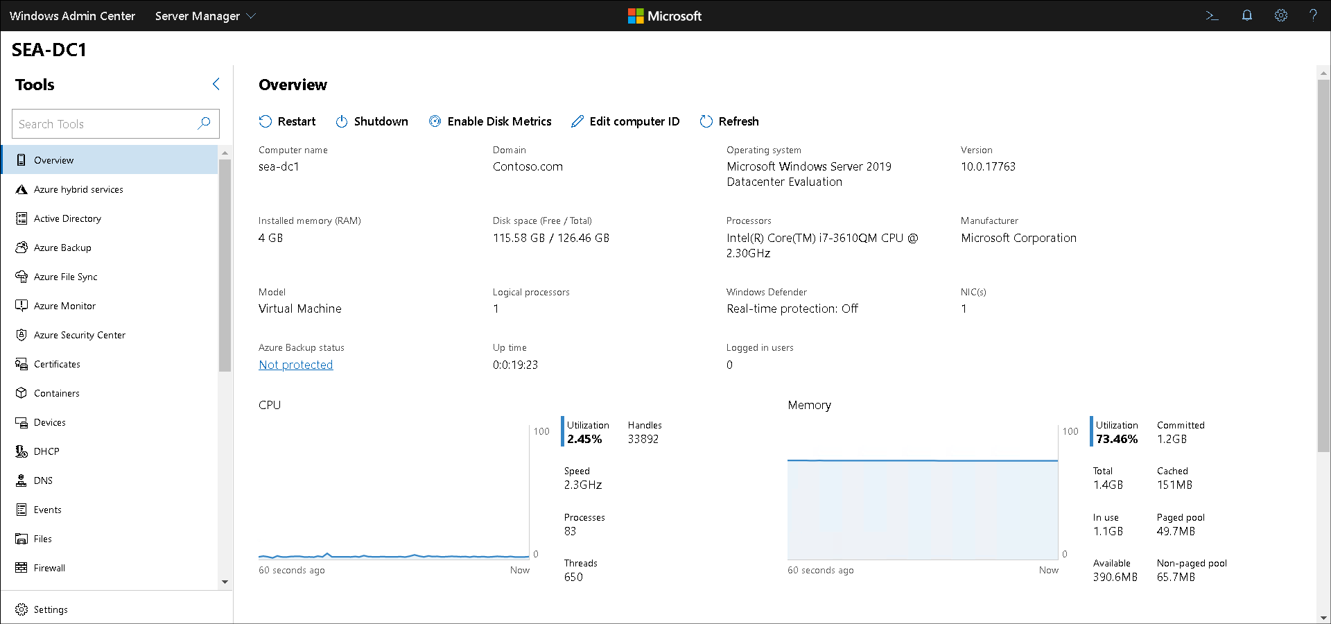 A screenshot of Windows Admin Center. The administrator has selected Server Manager. The Overview pane for a server called SEA-DC1 is displayed.