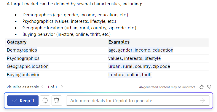 Screenshot of Copilot in Word showing the text to table capability.