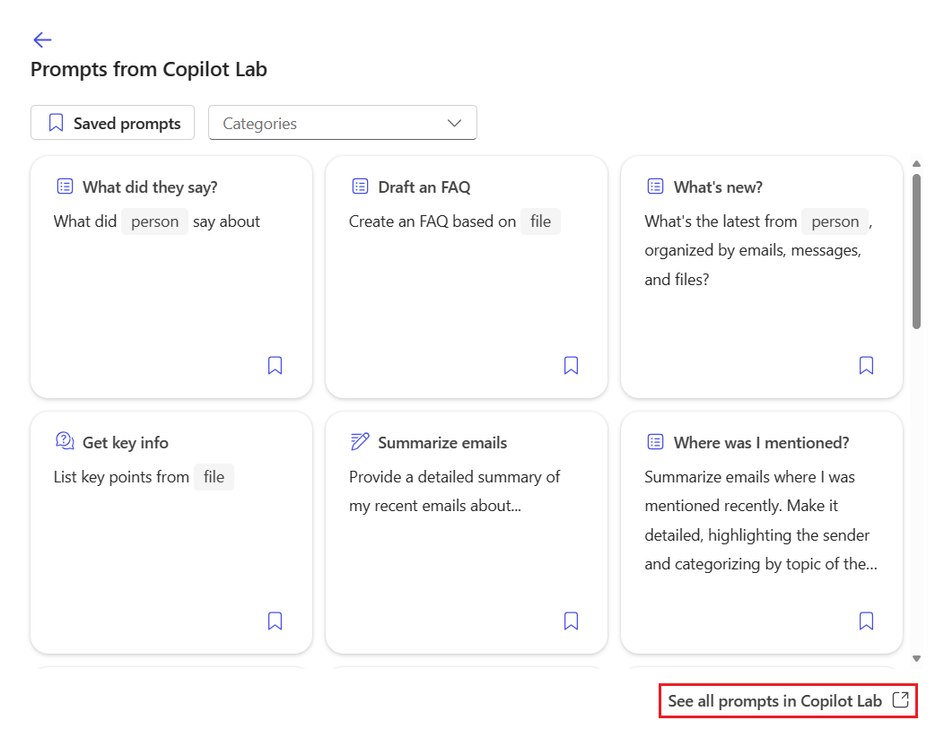 Screenshot showing the Copilot Labs window with the See all prompts in copilot lab options highlighted.