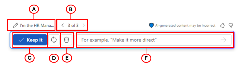 Screenshot showing the Copilot in Word window with all the options highlighted and labeled.