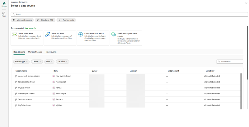 Screenshot of selecting data stream events in Data Activator.