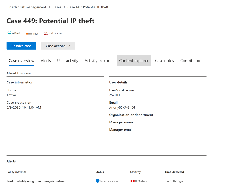 Screenshot of the Insider risk management dashboard showing the Case details page.