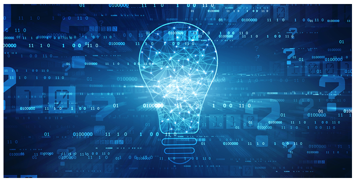 Diagram showing a light bulb in an A I illuminated backdrop showing all types of data.