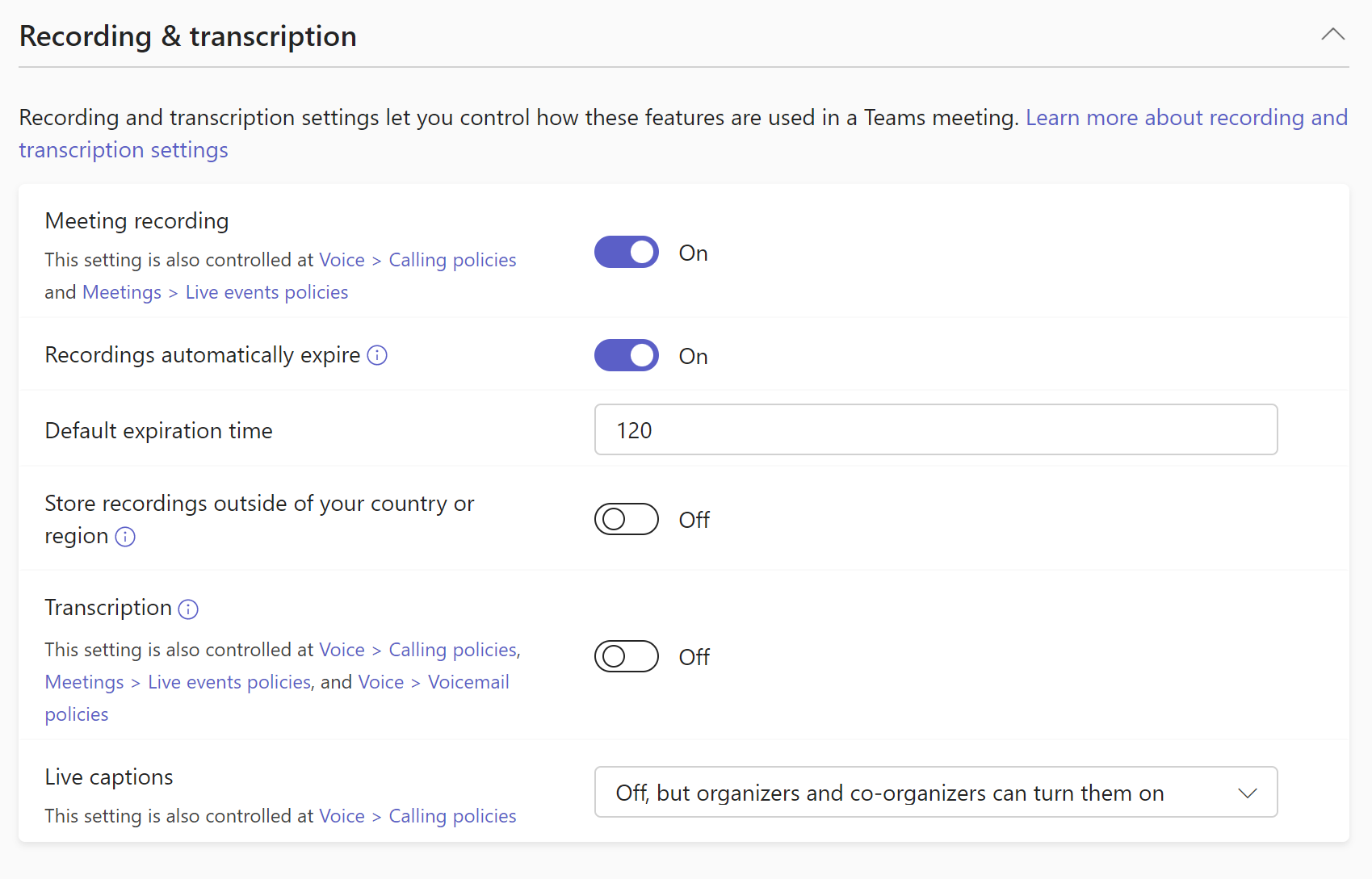 Screenshot of recording and transcription settings in meeting policy.